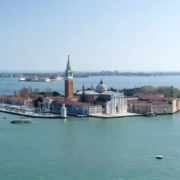Panoramic view of the Venice lagoon basin and the Doge's Palace taken from the bell tower of San Giorgio Maggiore