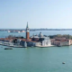 Panoramic view of the Venice lagoon basin and the Doge's Palace taken from the bell tower of San Giorgio Maggiore